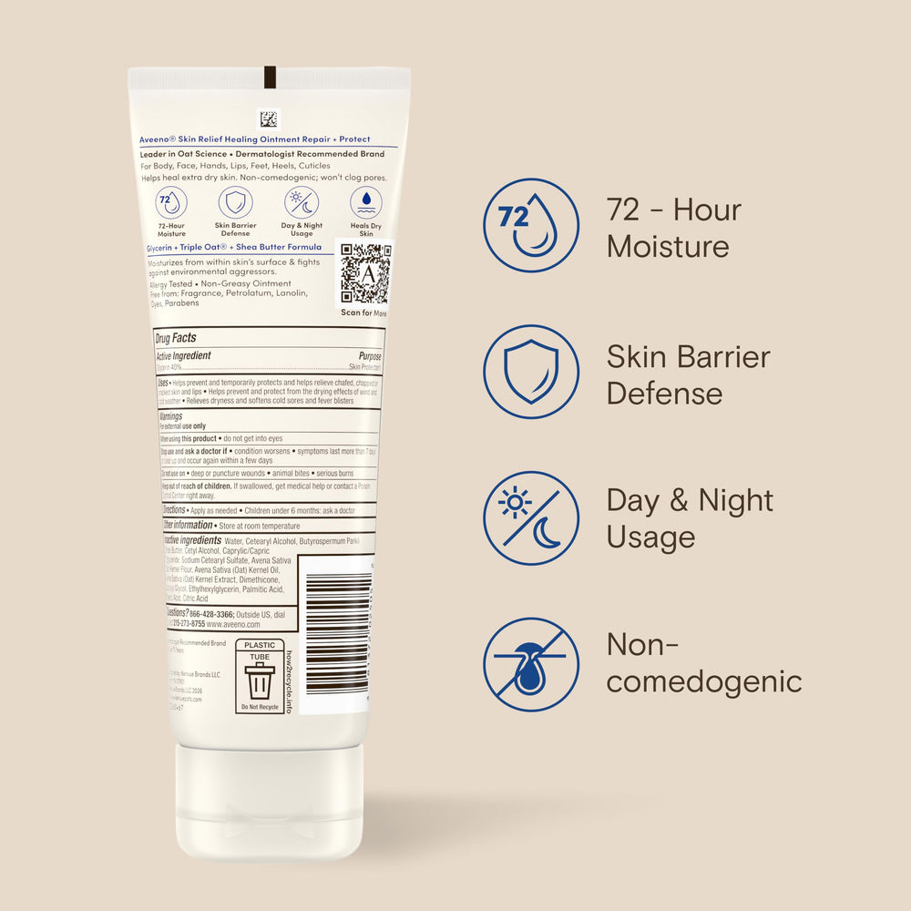 Oats, shea butter, glycerin beside Aveeno bottle illustrating ingredients