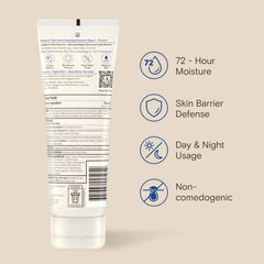 Oats, shea butter, glycerin beside Aveeno bottle illustrating ingredients