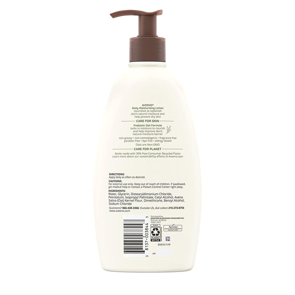 Aveeno open cap dispensing lotion illustrating simple use and measured amount