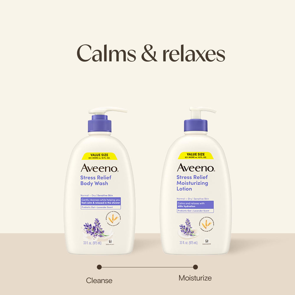 Aveeno body wash paired with Stress Relief Lotion to lock in moisture benefit