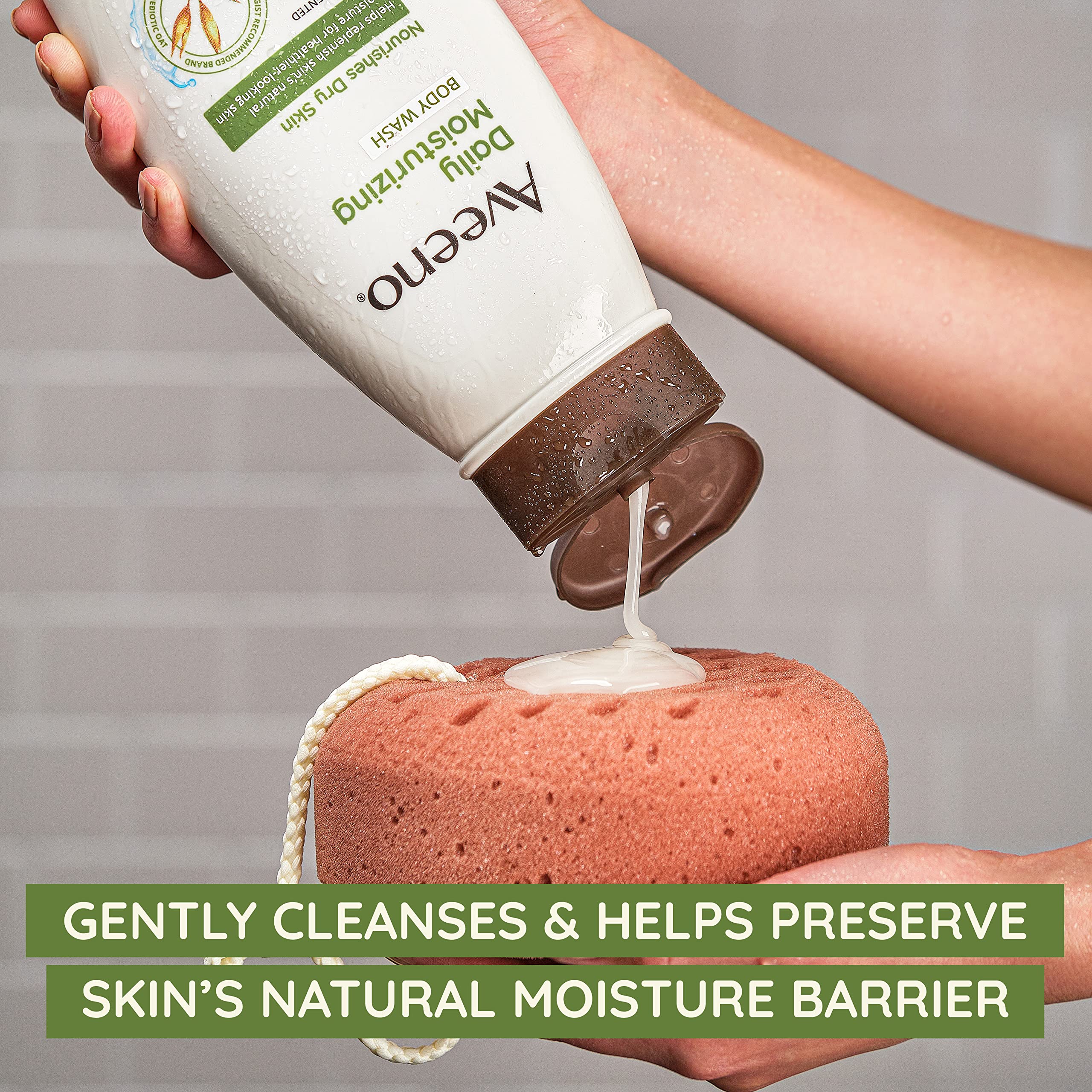 Aveeno pouring pouch into bottle for easy refill and reduced waste