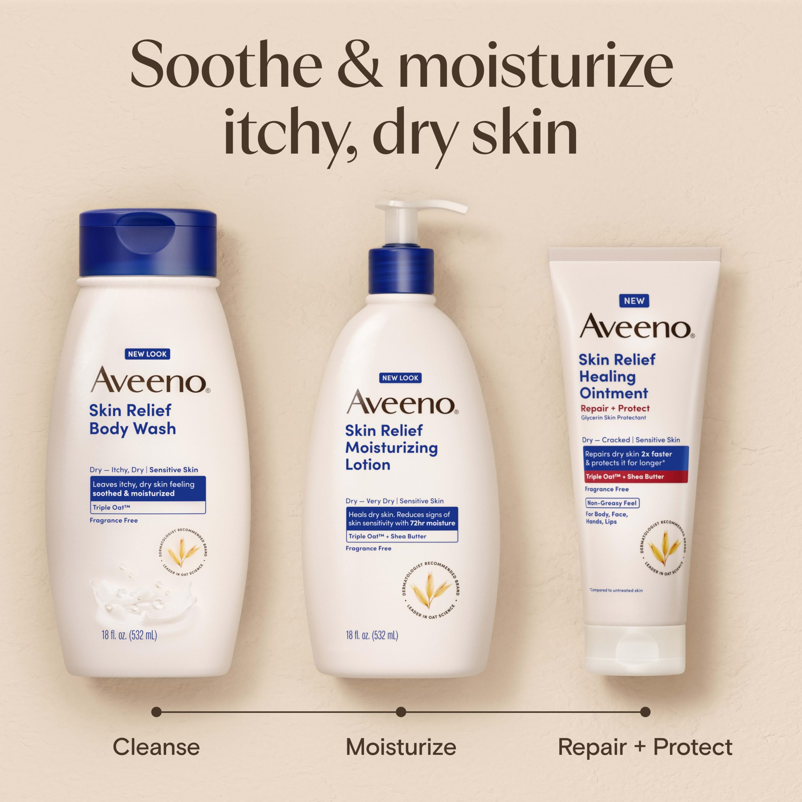 Aveeno bottle next to a hand for real-size scale and convenience