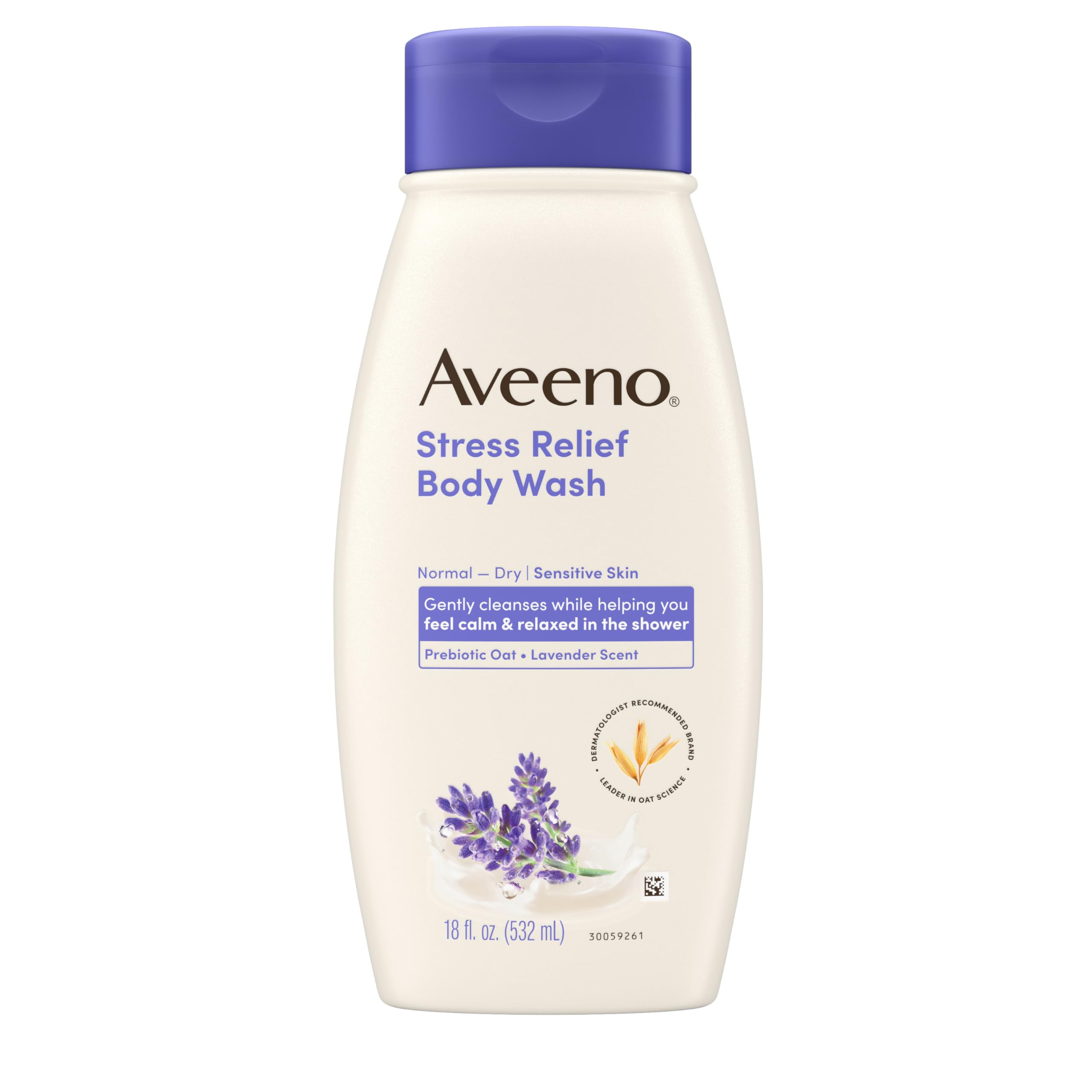 Aveeno bottle front packaging showing label and calming lavender scent benefit