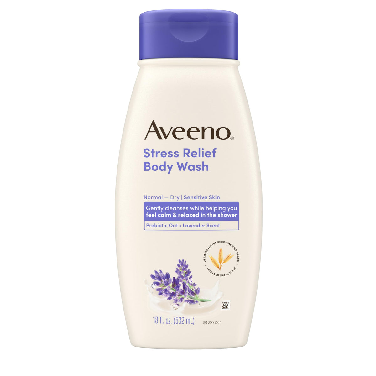 Aveeno bottle front packaging showing label and calming lavender scent benefit