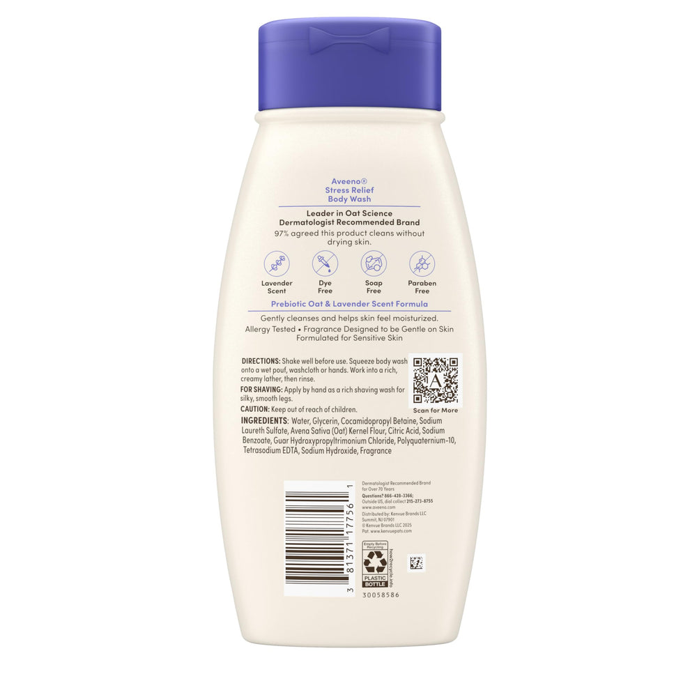 Aveeno bottle held in hand for scale showing convenient 18 fl oz travel-friendly size