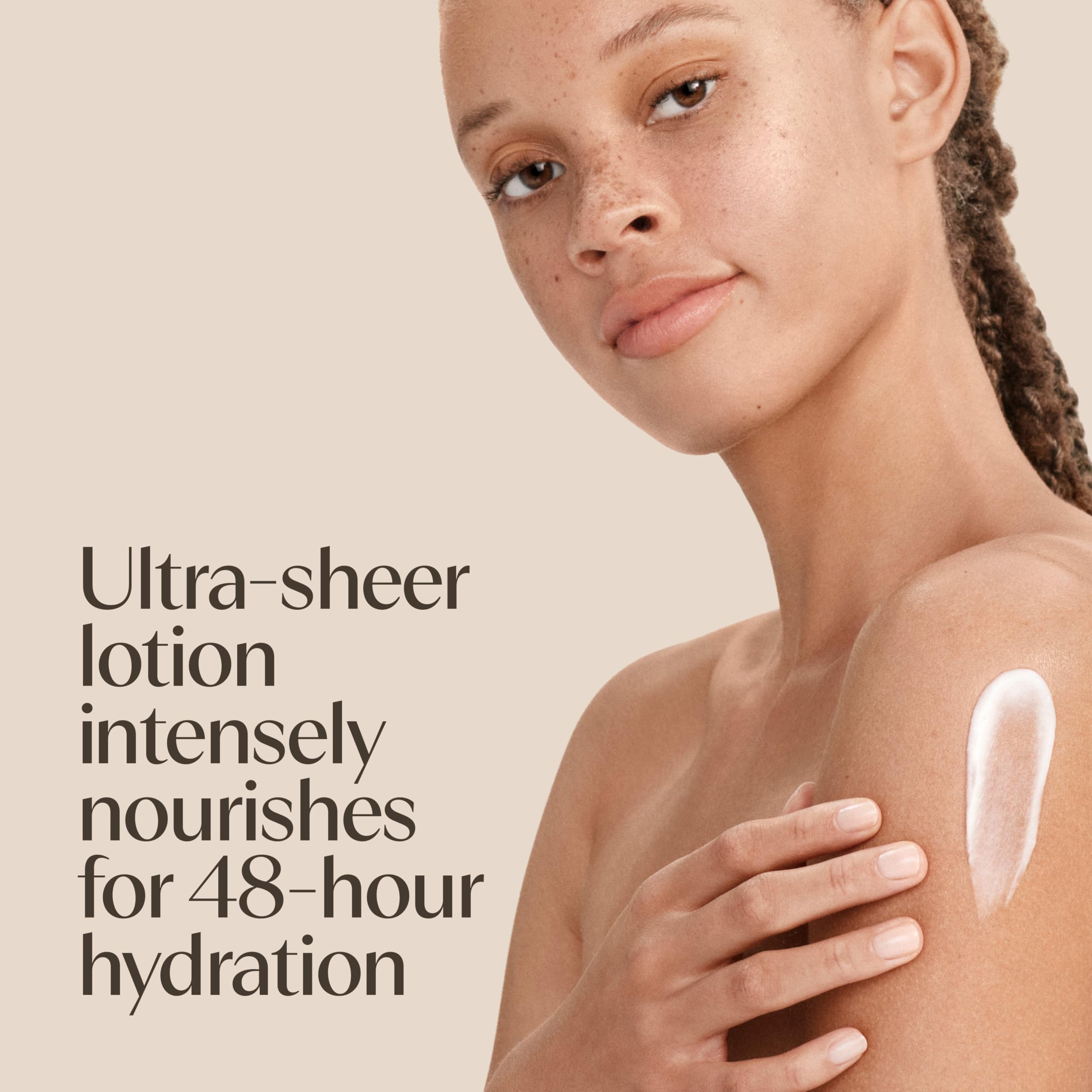Aveeno lotion texture on hand demonstrating fast-absorbing, lightweight feel