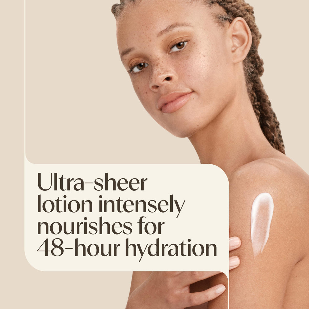 Aveeno lotion texture close-up highlighting lightweight, fast-absorbing formula benefit