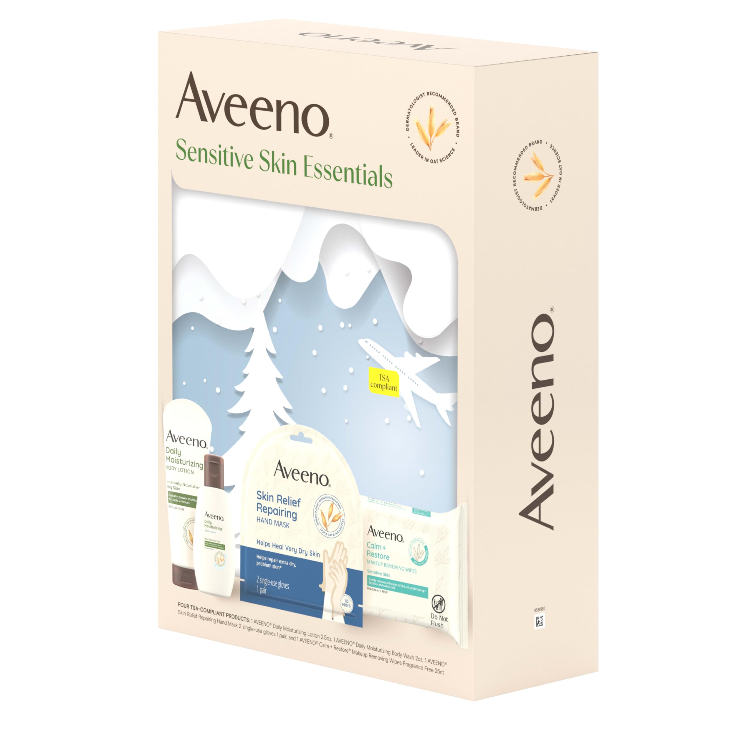 Aveeno products packed in travel toiletry bag, ideal TSA-friendly convenience benefit