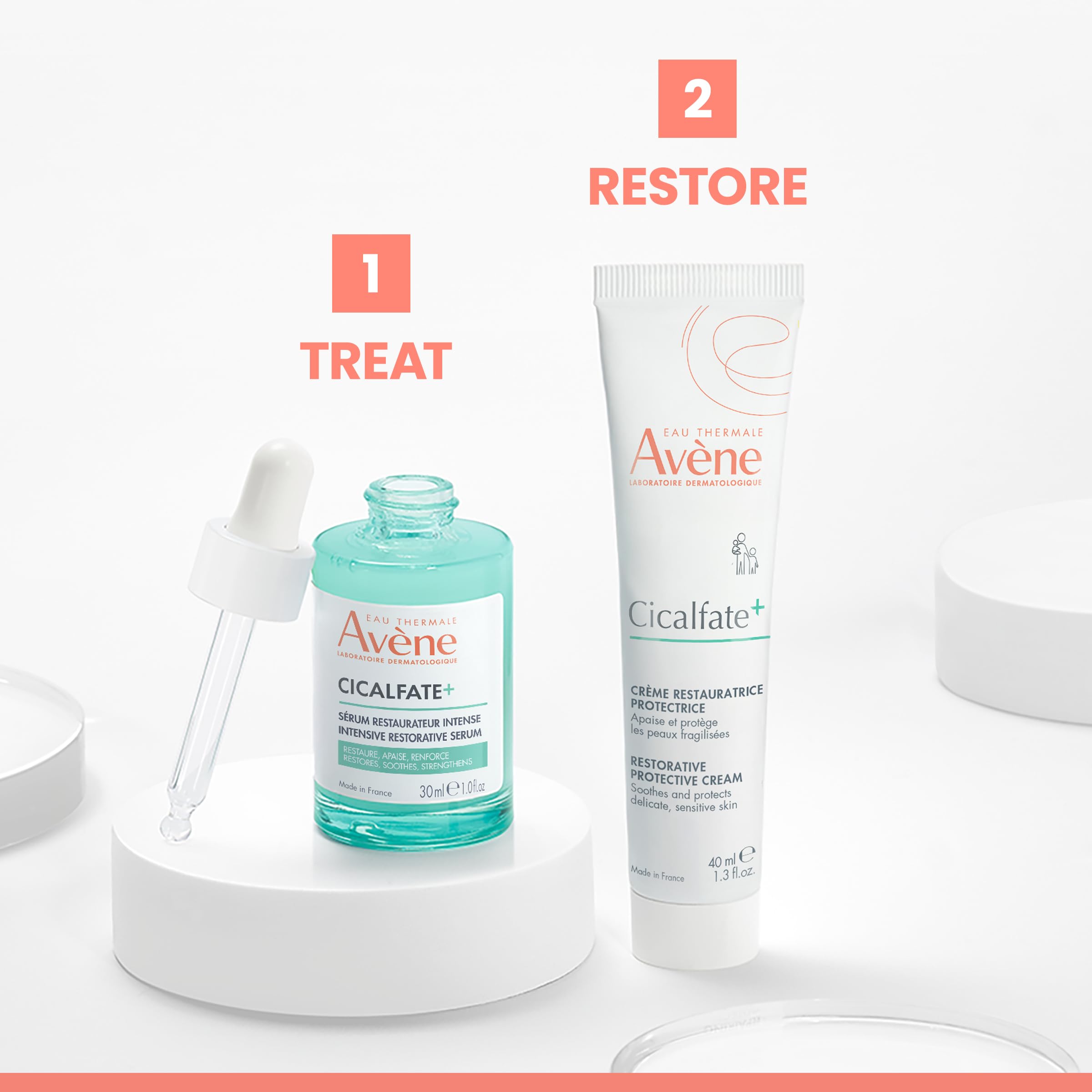Avène Cicalfate+ bottle styled on bathroom shelf for calm skincare routine