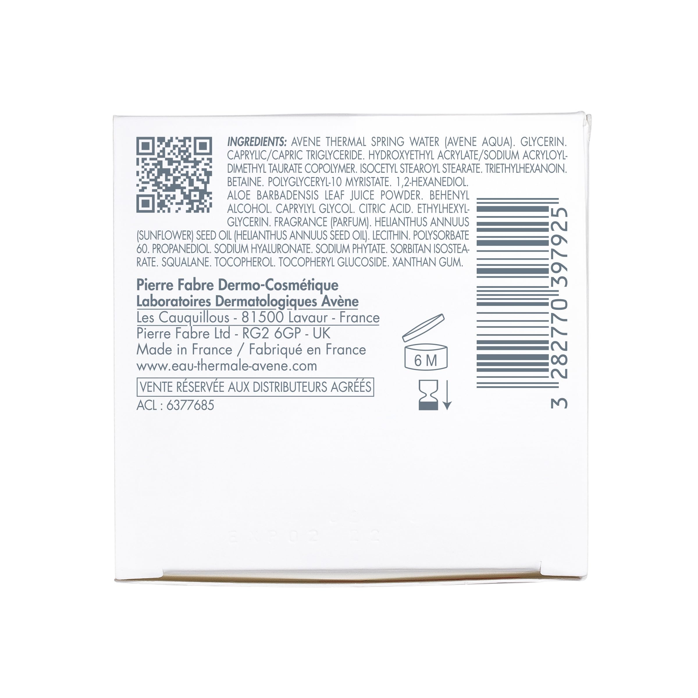 Eau Thermale Avène label listing hyaluronic acid and polysaccharides ingredients