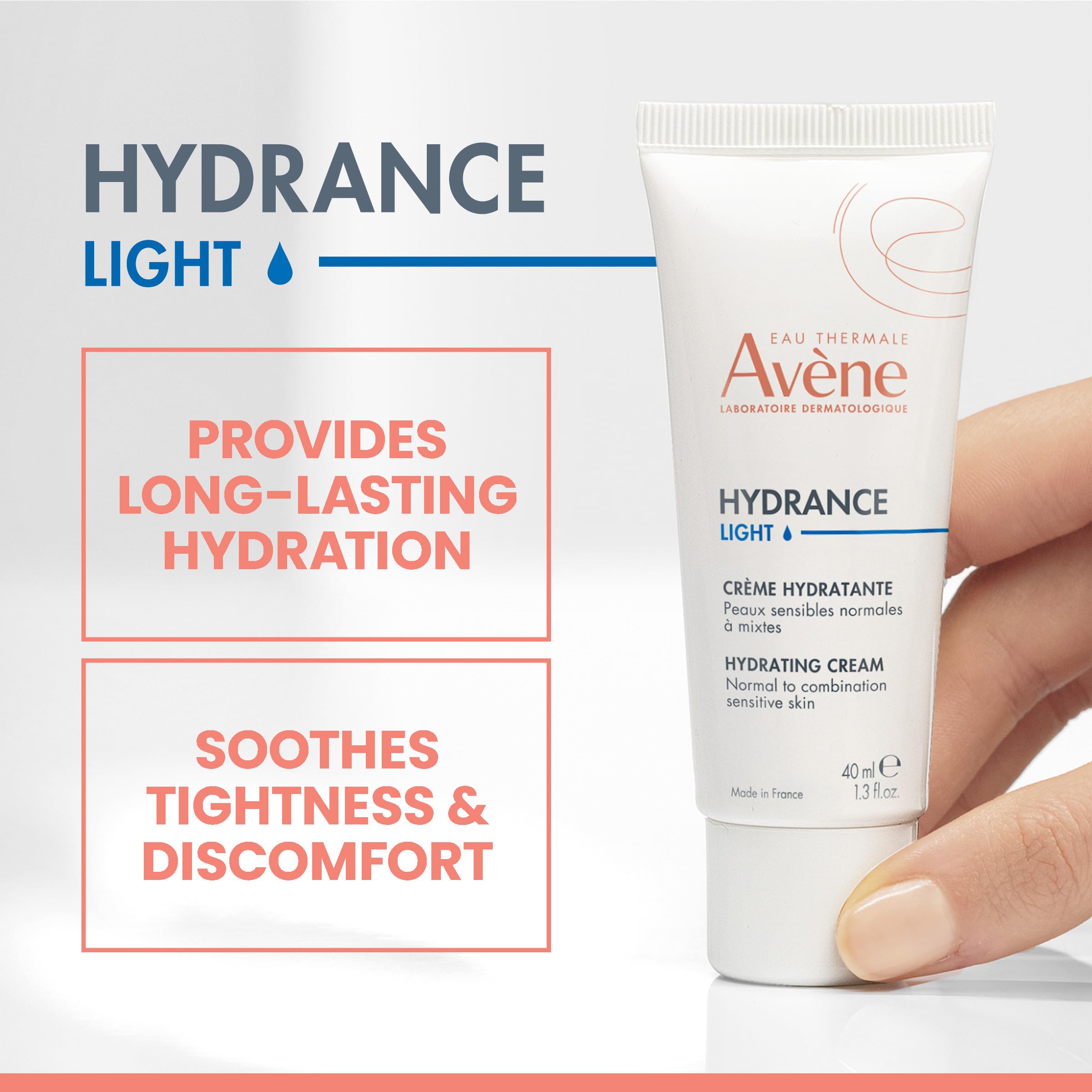 Avène Hydrance LIGHT opened cap with emulsion texture, highlights quick absorption benefit
