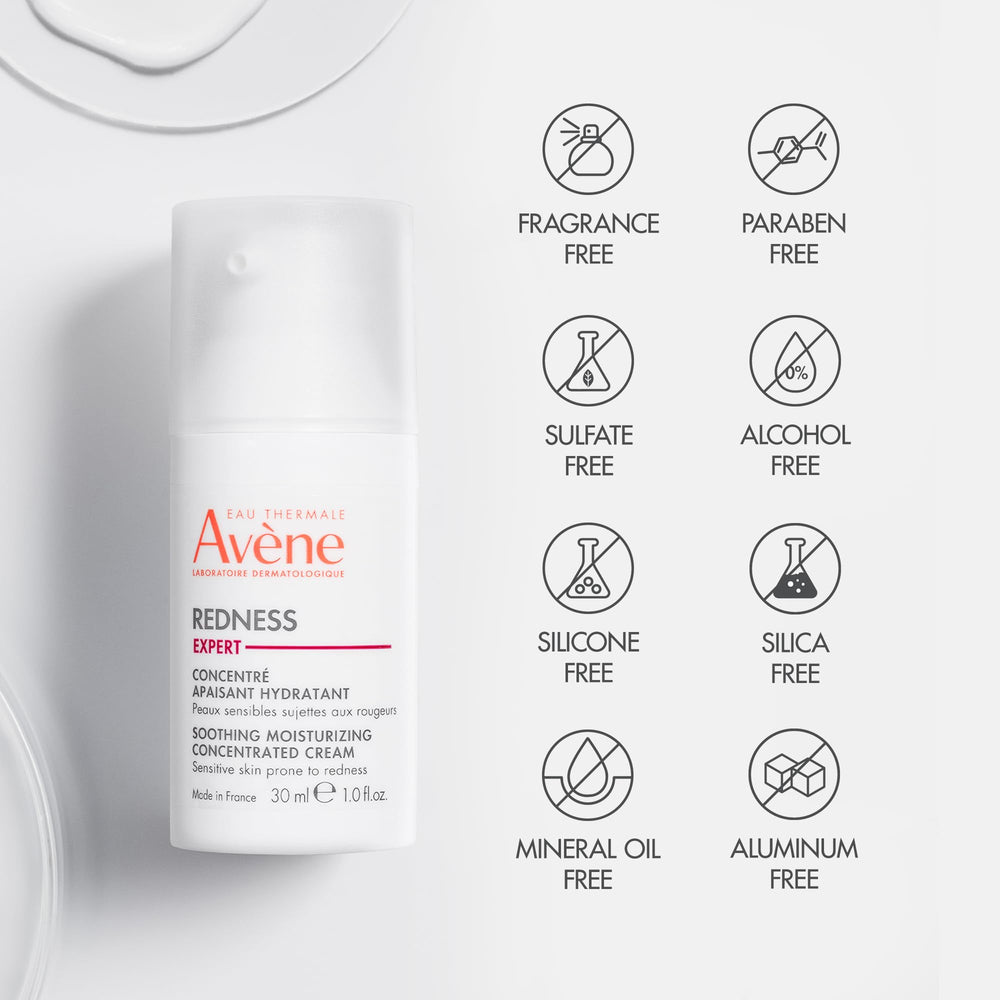 Eau Thermale Avène applying cream to cheek to show soothing effect on redness
