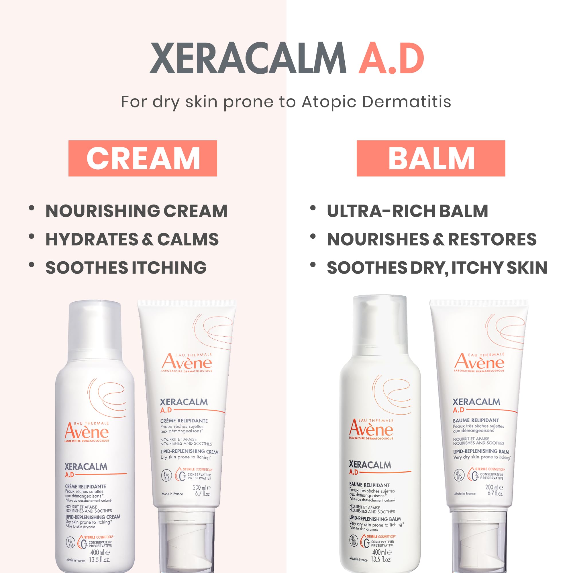 Avène XeraCalm A.D on bathroom counter during routine emphasizing daily use benefit