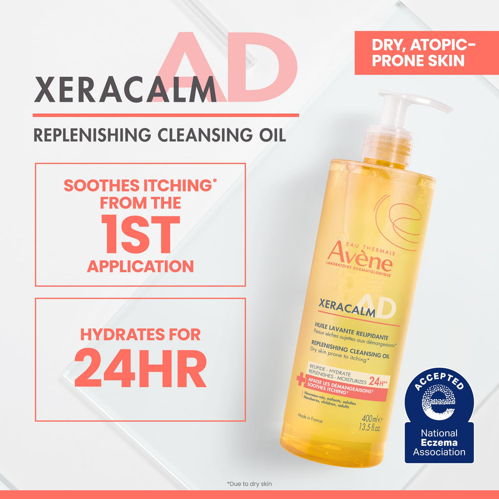 Close up of Avène XeraCalm AD oil texture demonstrating moisturizing, non drying formula