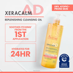 Close up of Avène XeraCalm AD oil texture demonstrating moisturizing, non drying formula