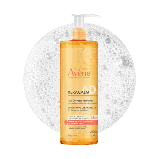 Avène bottle front view showing XeraCalm AD pump for easy dosing and gentle cleansing