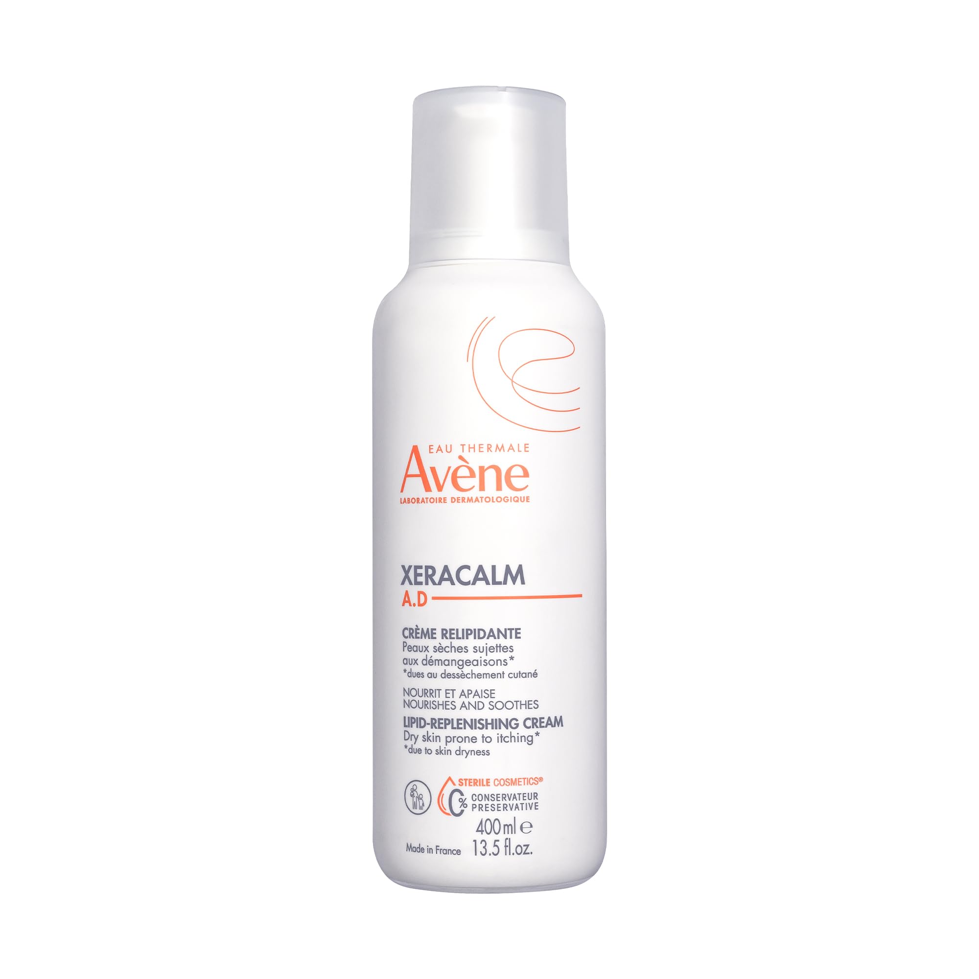 Avène XeraCalm A.D pump front view showing hygienic dispenser and generous size