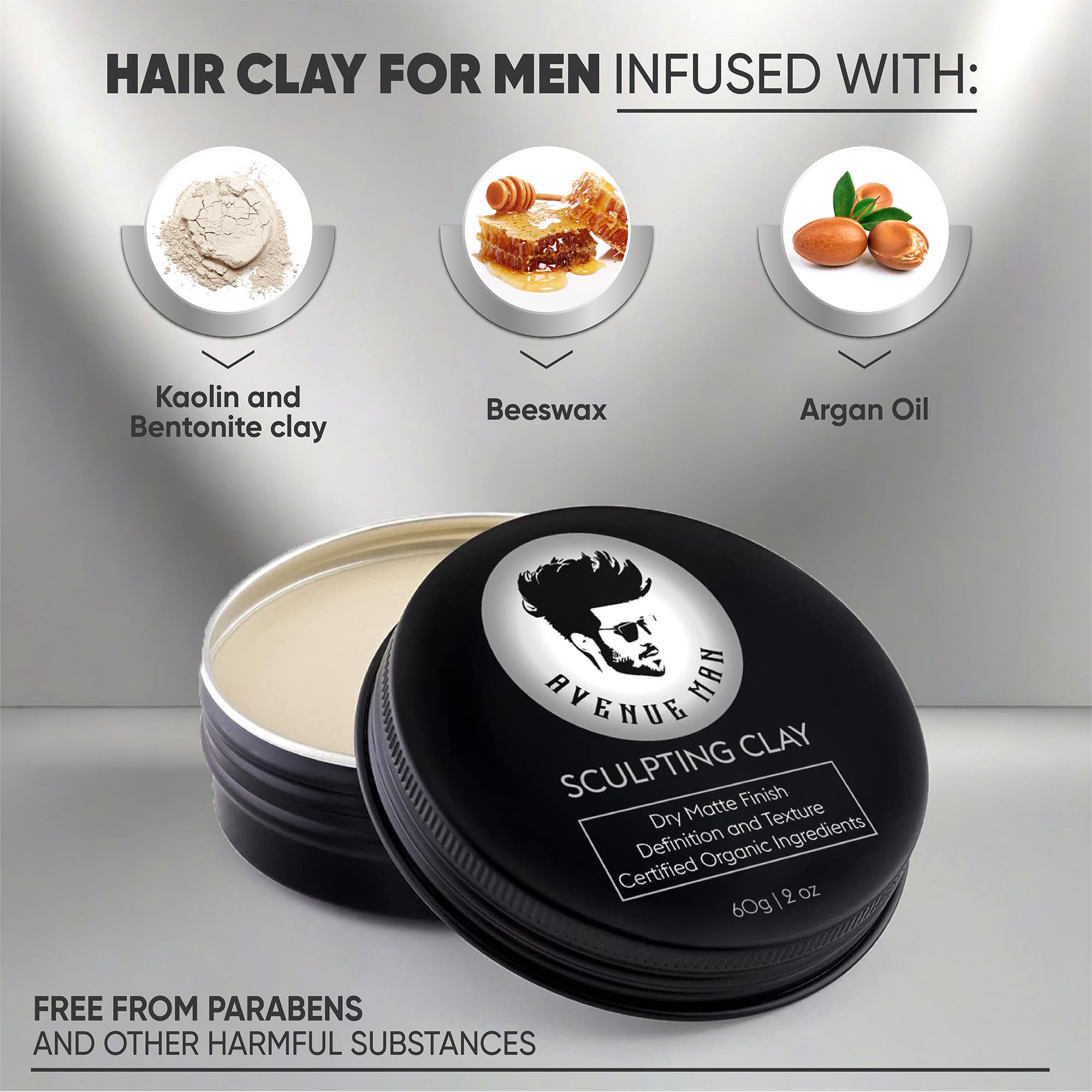 Avenue Man open tin close-up showing clay texture and easy scoopability