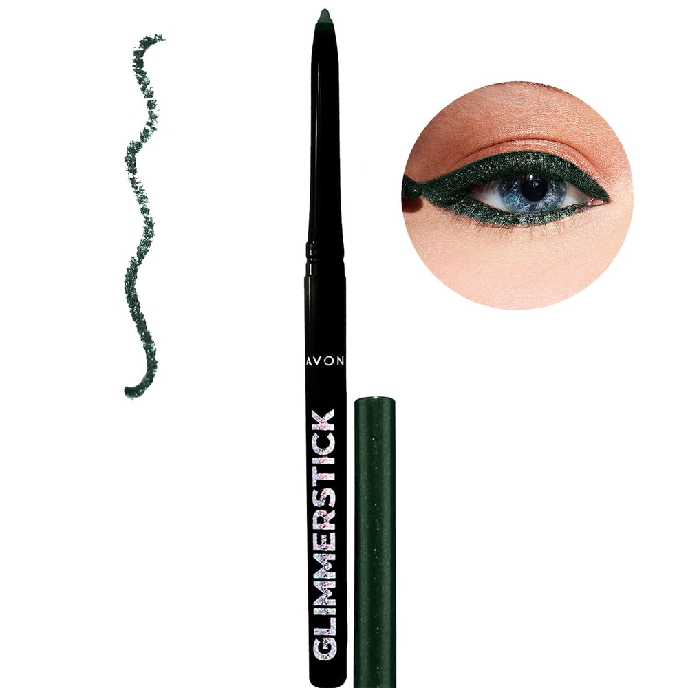 AVON Glimmersticks front view showing emerald green shimmer and packaging benefit: instant vibrant color