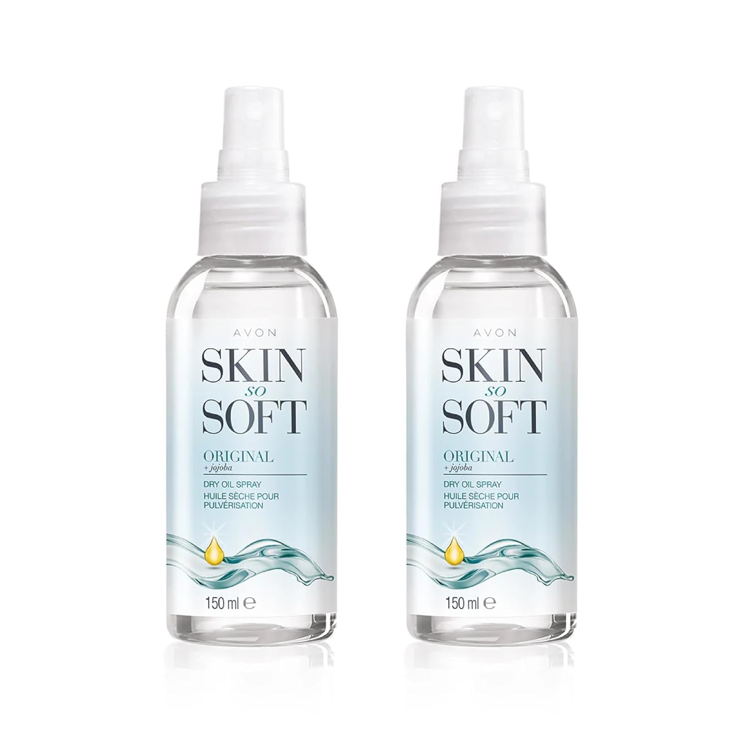avon skin so soft front packaging showing two 150ml bottles and travel convenience