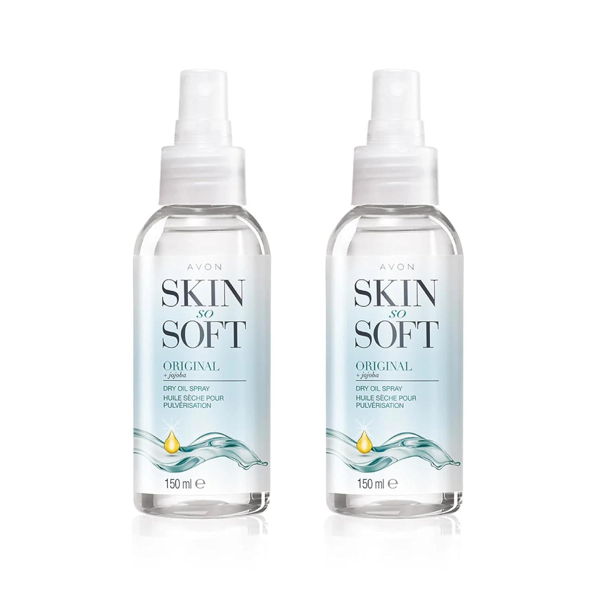 avon skin so soft front packaging showing two 150ml bottles and travel convenience