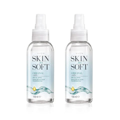 avon skin so soft front packaging showing two 150ml bottles and travel convenience