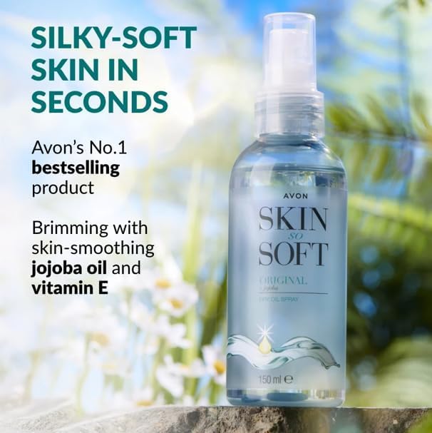 AVON SKIN SO SOFT label ingredients detail highlighting jojoba oil and Vitamin E benefits