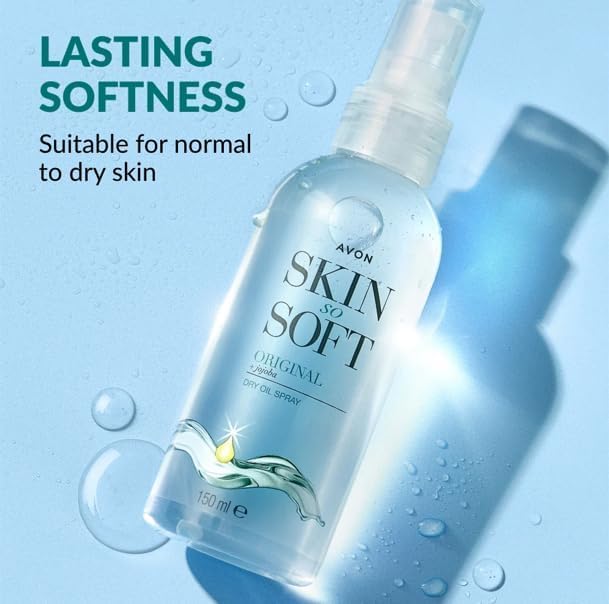 AVON SKIN SO SOFT scaled against ruler displaying compact 150ml bottle travel-friendly size