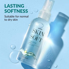 AVON SKIN SO SOFT scaled against ruler displaying compact 150ml bottle travel-friendly size