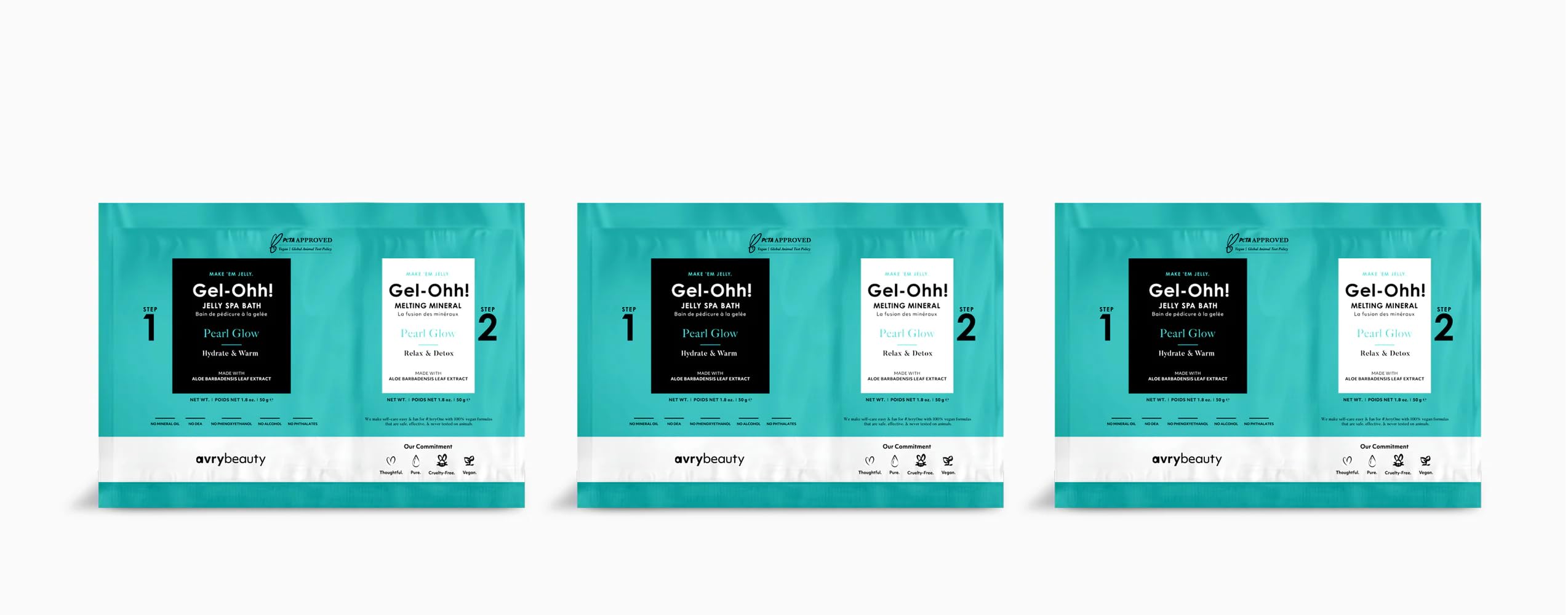 AvryBeauty front packaging showing 3 jelly spa baths and clear product benefit