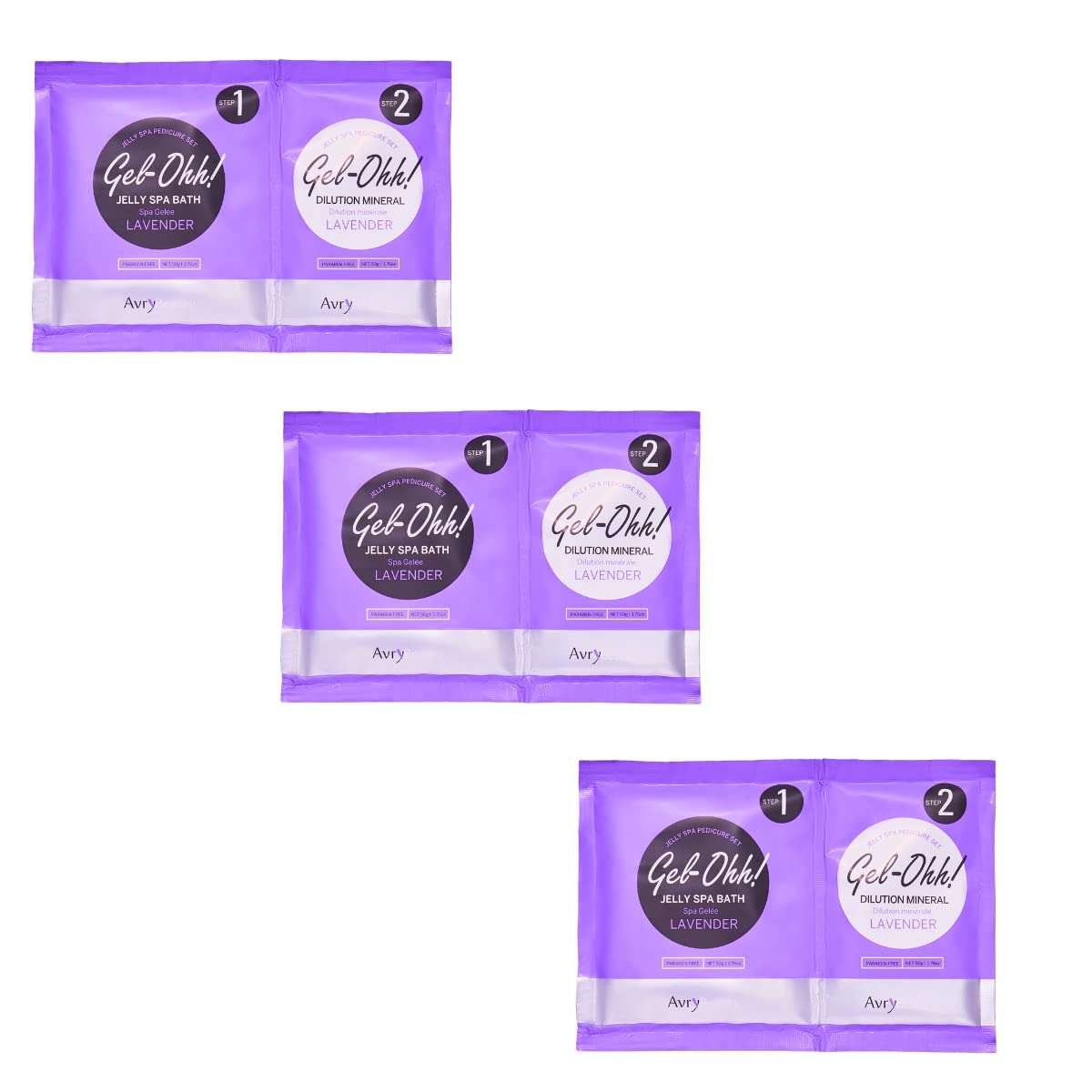 AVRYBEAUTY front packaging showing three lavender jelly packs and product name, calming presentation