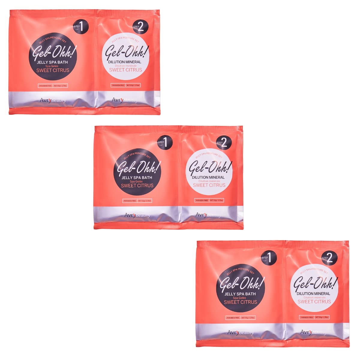 AvryBeauty front packaging showing three citrus jelly pedicure packets and benefits