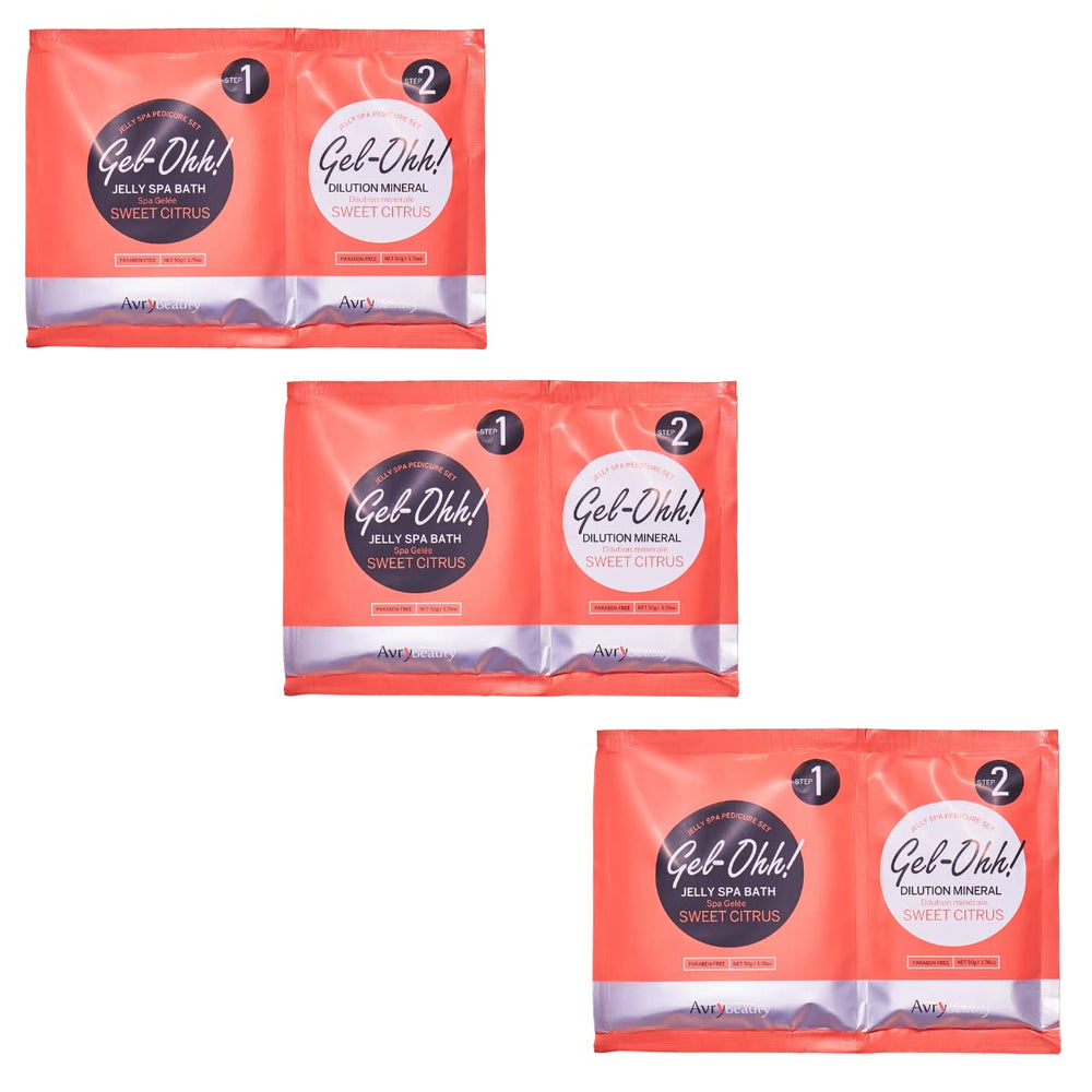 AvryBeauty front packaging showing three citrus jelly pedicure packets and benefits