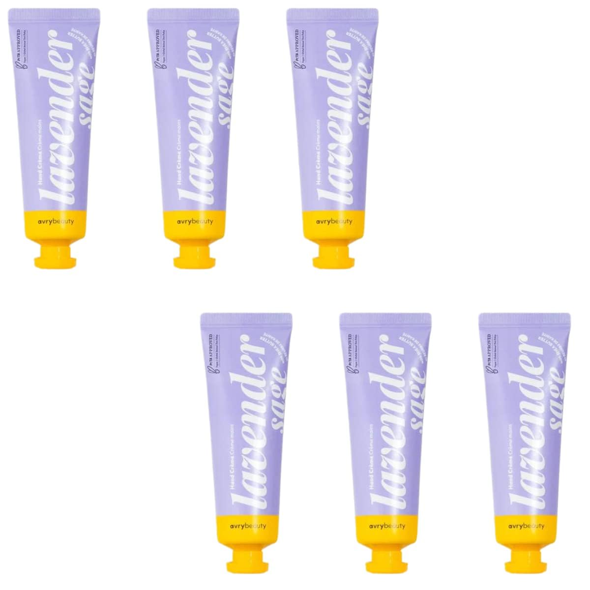 AVRYBEAUTY front packaging showing six lavender sage lotion tubes, convenient travel set benefit
