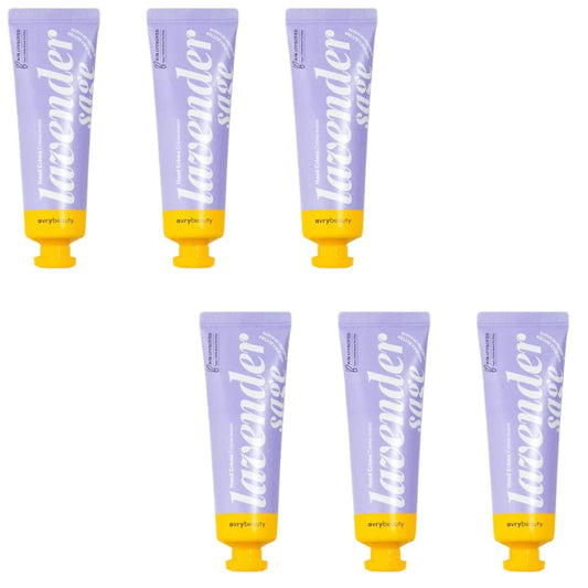 AVRYBEAUTY front packaging showing six lavender sage lotion tubes, convenient travel set benefit