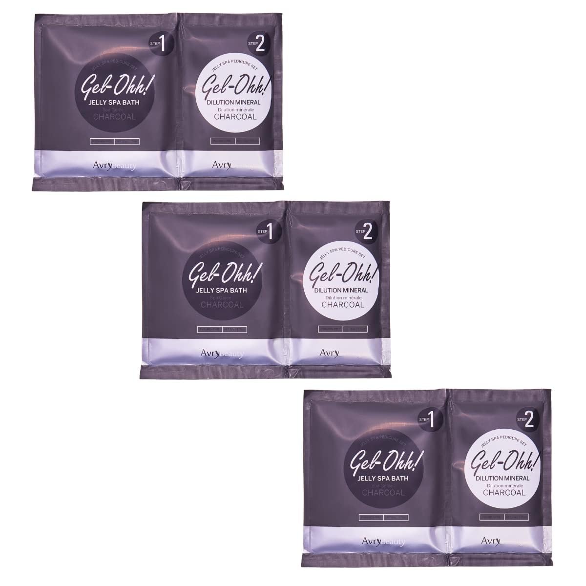 AvryBeauty front packaging showing three Gel-Ohh pedicure pods and easy-use benefit