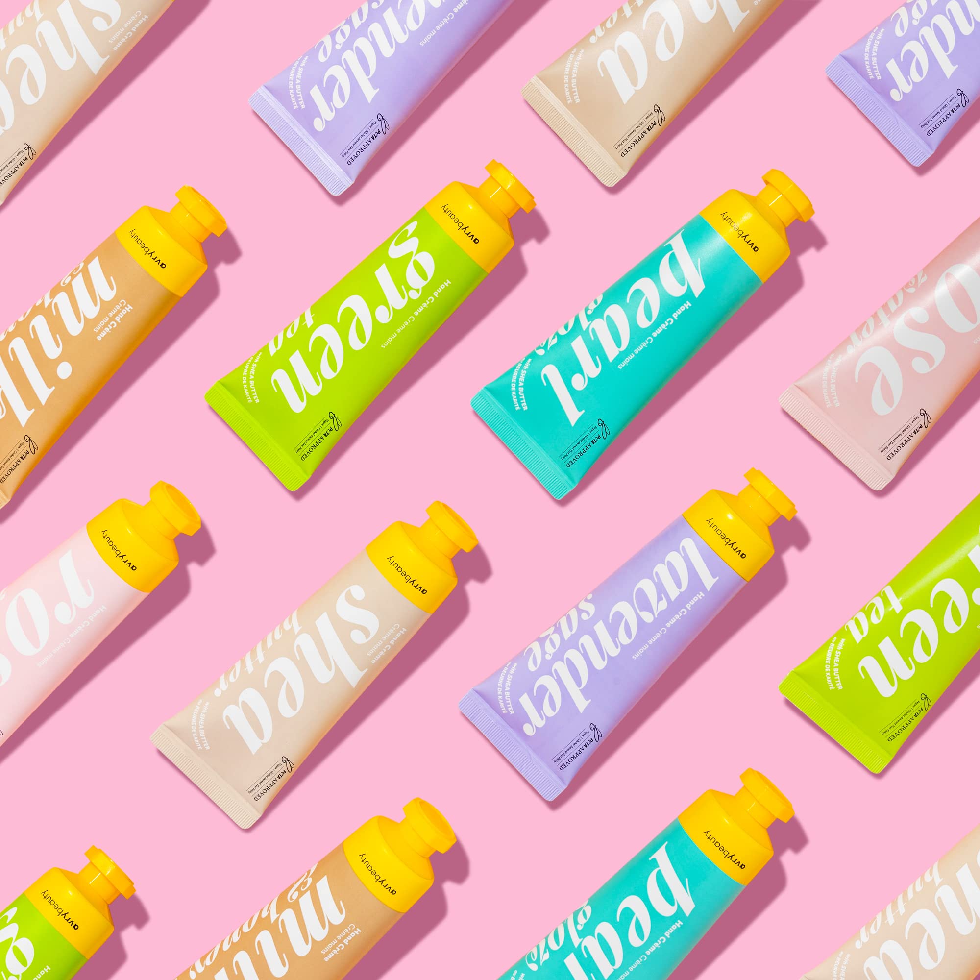 AvryBeauty flatlay of all six scented tubes illustrating scent variety