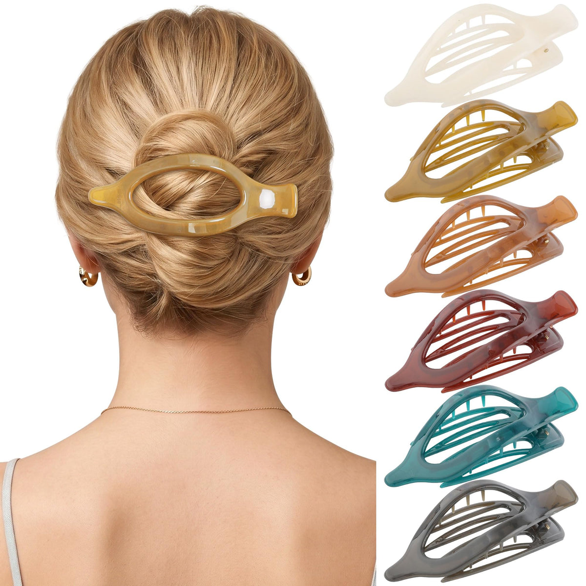 AWAYTR amber brown pack front showing six flat hair clips for versatile styling