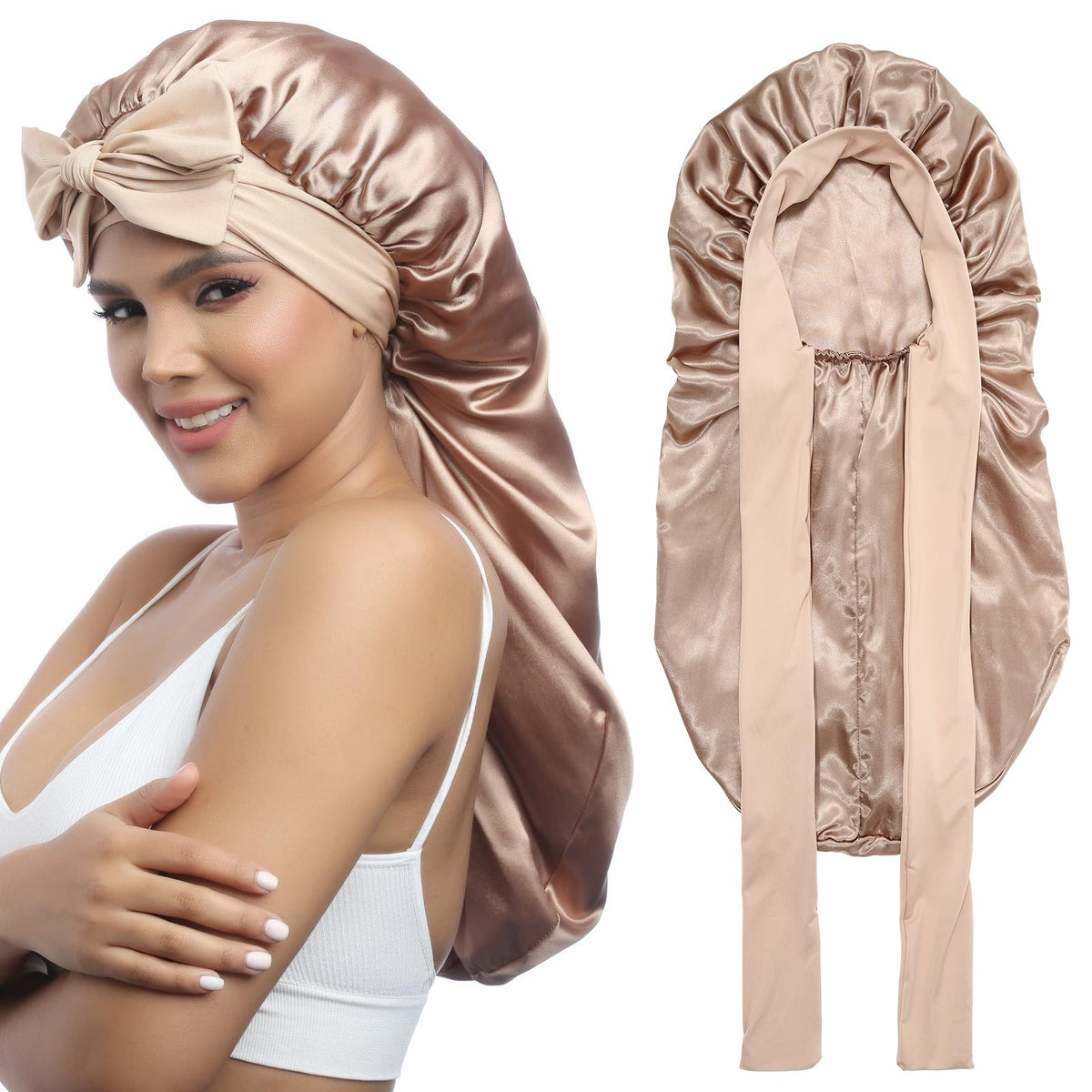 AWAYTR bonnet front view showing champagne satin and roomy fit benefit protection