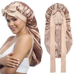 AWAYTR bonnet front view showing champagne satin and roomy fit benefit protection
