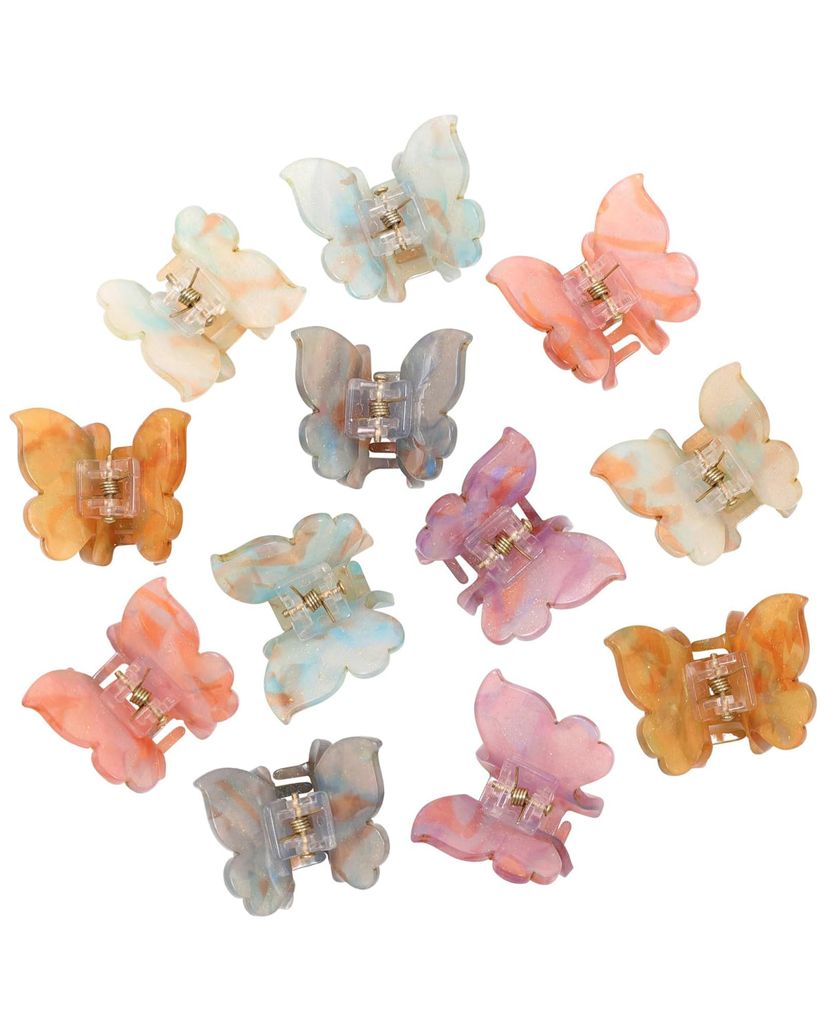 AWAYTR front view of 12-piece mini claw clips showing colors and patterns for easy selection