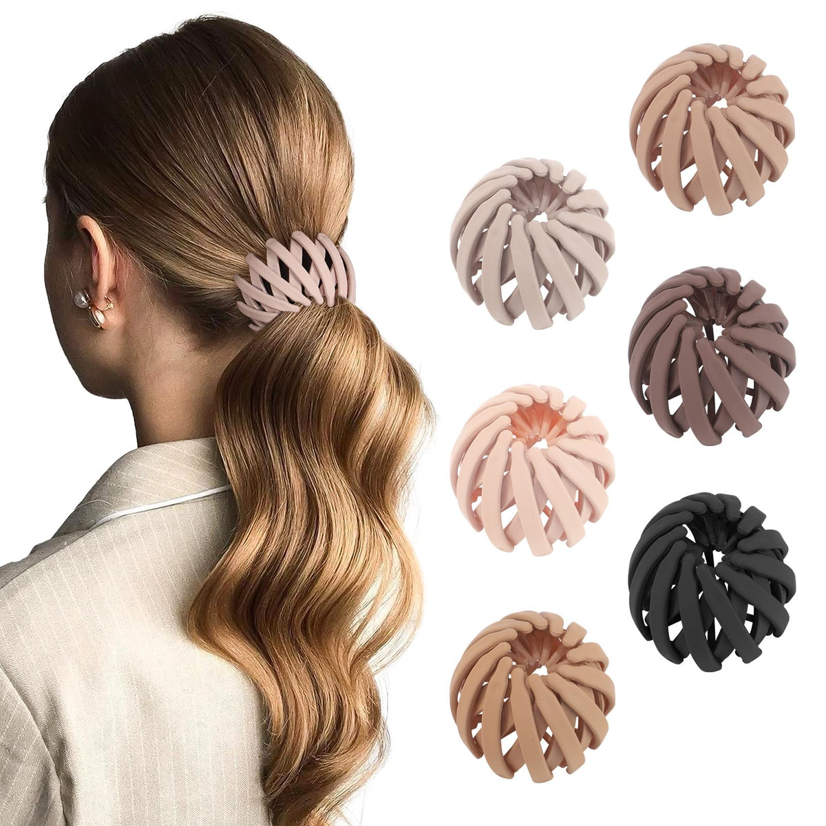 AWAYTR front view of six neutral bird nest clips showing compact set and packaging benefits