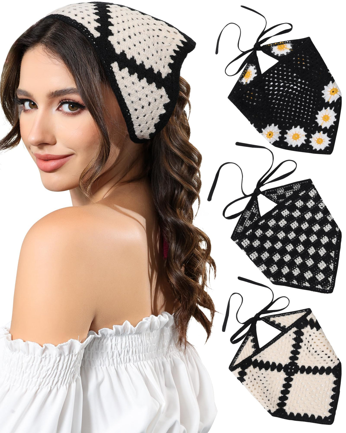 AWAYTR front view black crochet bandana showcasing elegant fit and coverage
