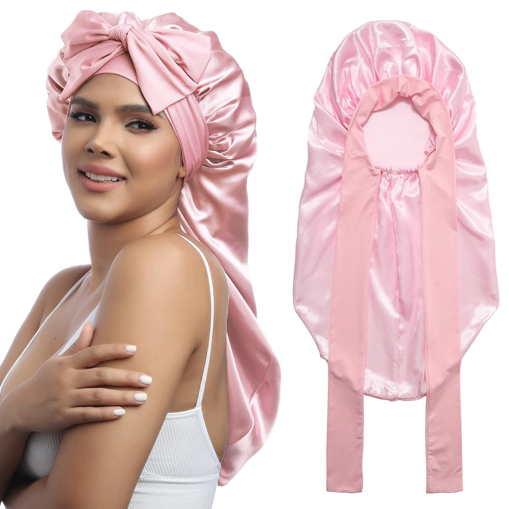 AWAYTR front view pink bonnet showing full coverage and elegant sheen