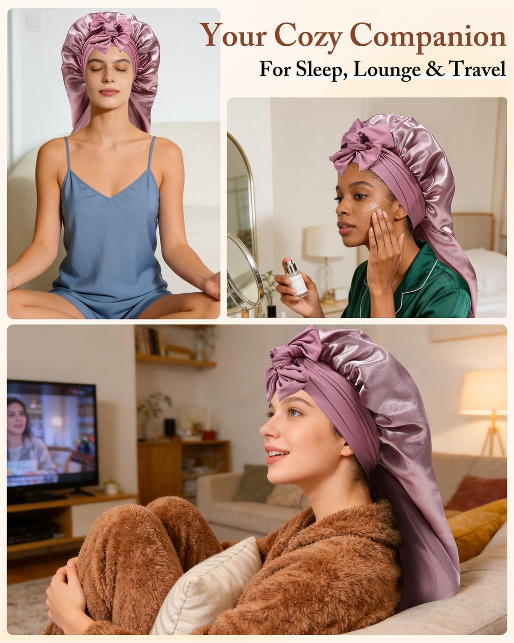 AWAYTR model wearing bonnet with braids illustrating full coverage and protection