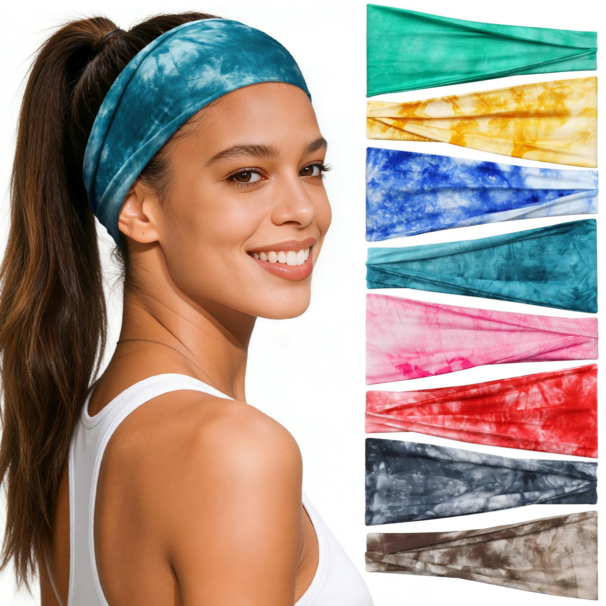Awumbuk front pack showing eight colorful headbands and pattern variety, easy outfit matching