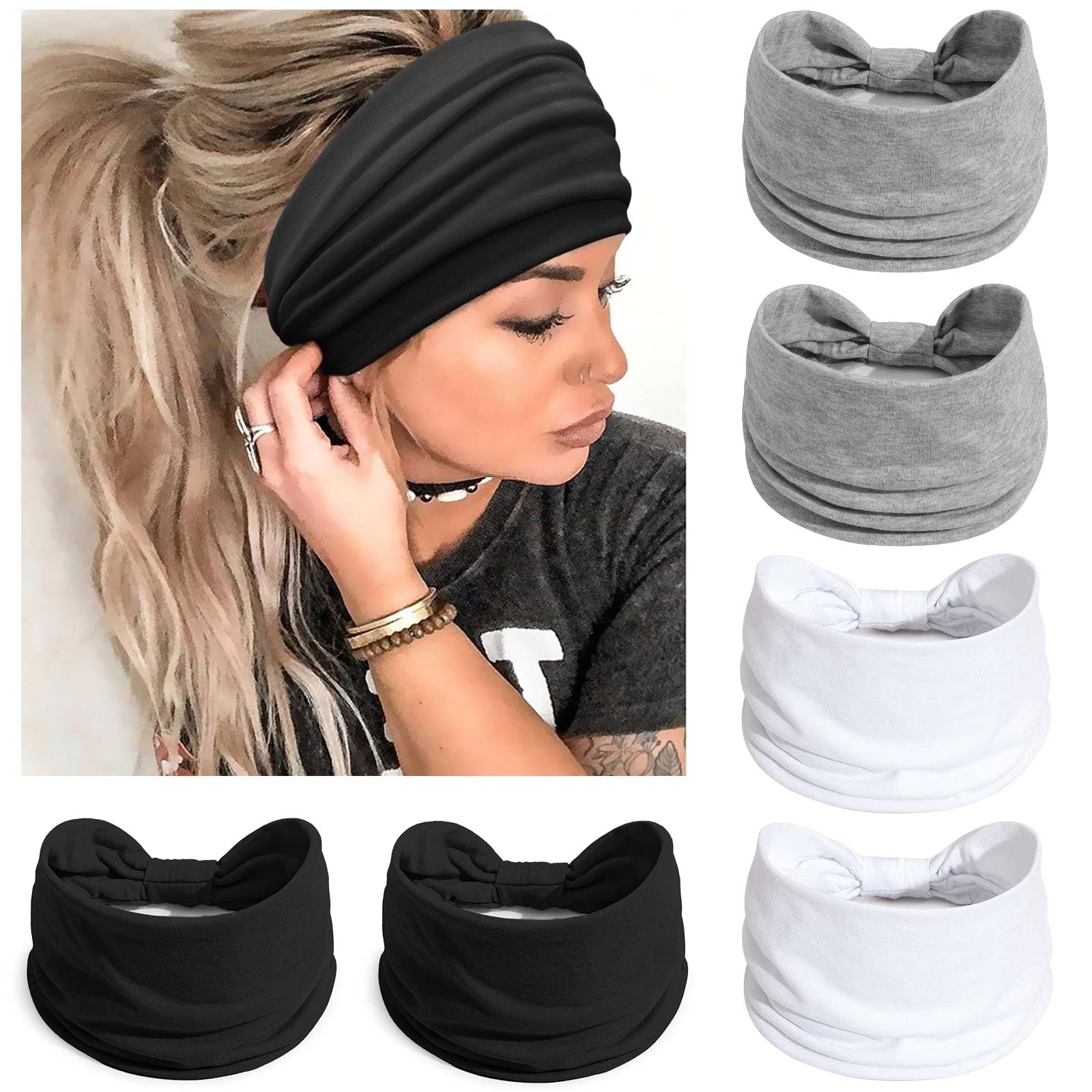 Awumbuk front view of six white headbands showing packaging and organized set for convenience