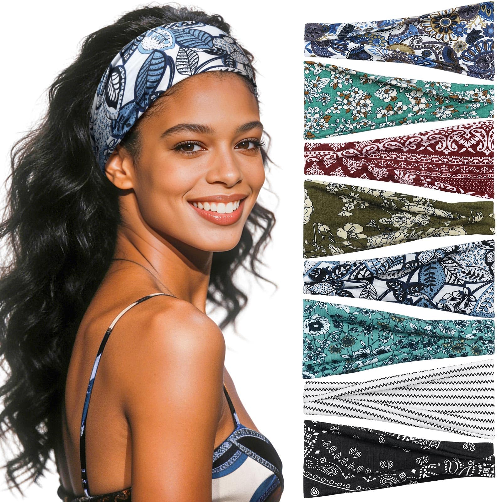 Awumbuk front view of 8-pack headbands showing patterns and fit benefits