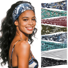 Awumbuk front view of 8-pack headbands showing patterns and fit benefits