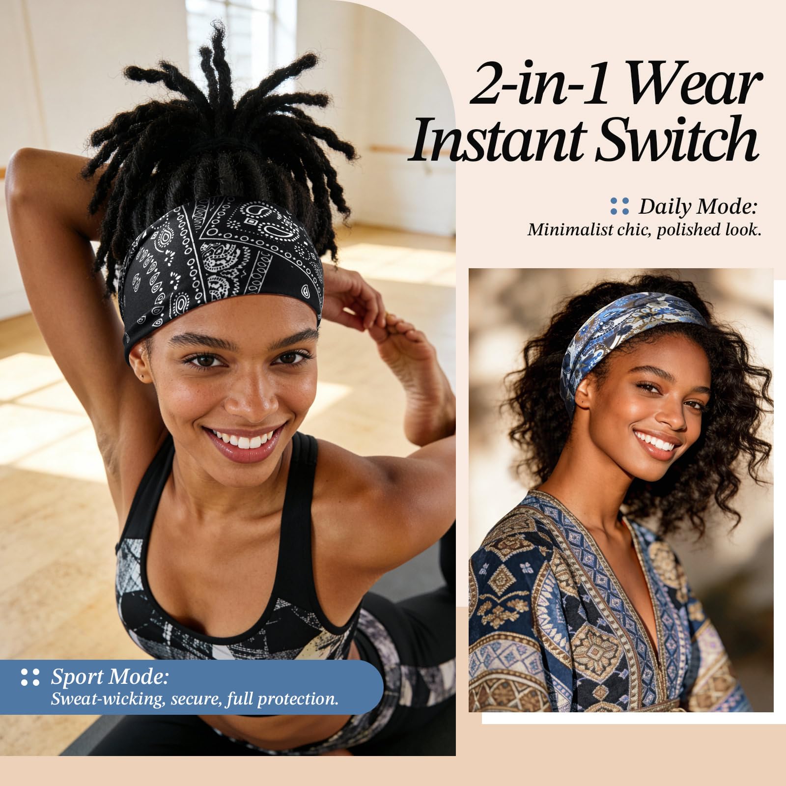 Awumbuk headband worn during yoga demonstrating secure non-slip hold